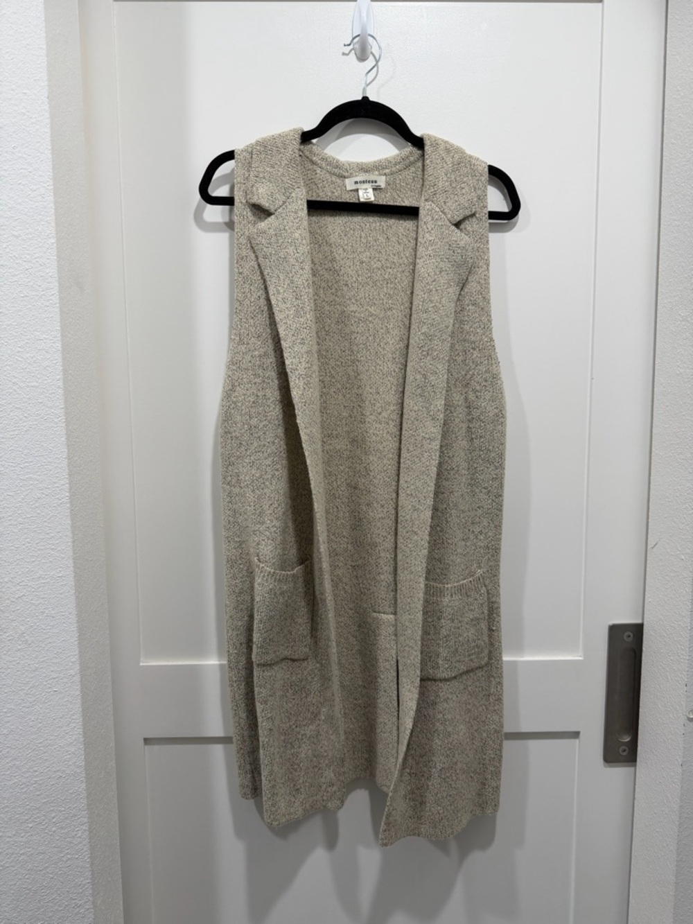 Monteau Sleeveless Knit Cardigan L Gray Oatmeal Long Duster